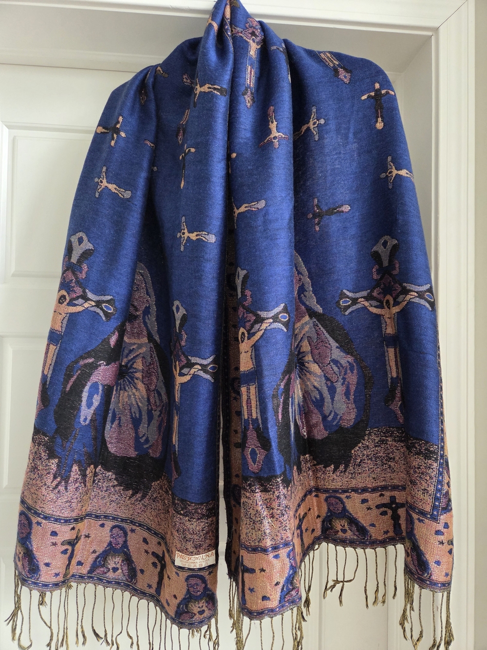 Religous Blue Pashmina & Silk Shawl, Scarf with Gold Trim - Picture 2 of 8